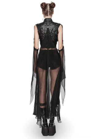 Gothic harness cape rear design featuring mesh back panel and adjustable straps - back view