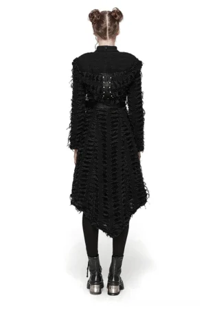 Asymmetric gothic cape back view showing frayed hollow-out texture and structured silhouette