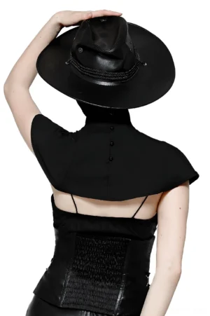 Structured black cape back view showing button closure system and architectural shoulder design