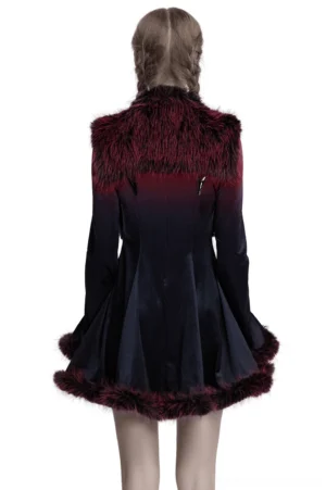 Back view of black ombre faux fur gothic cape featuring fang-shaped hem and structured stand-up collar
