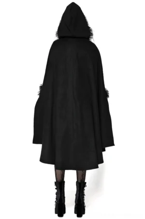 Black gothic hooded cape back view full length on female model with faux fur hood trim