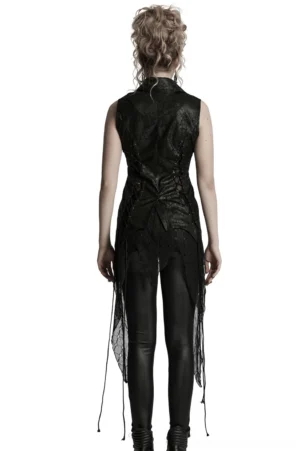 Black asymmetric gothic cape back view on model - lace-up closure detail with drawstring tassel hem and fitted silhouette