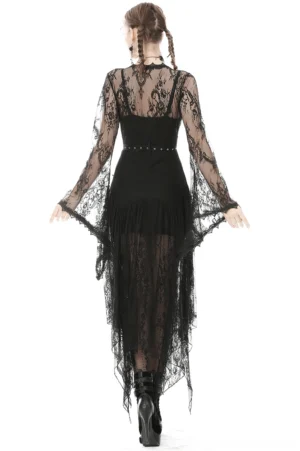 Black sheer lace gothic cape with waist belt and metal eyelets - back view detail