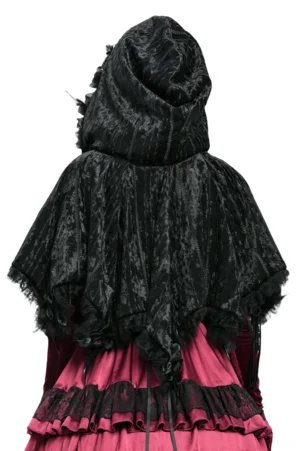 Black crushed velvet Gothic cape rear view showing pointed lace hem and front tie straps on mannequin