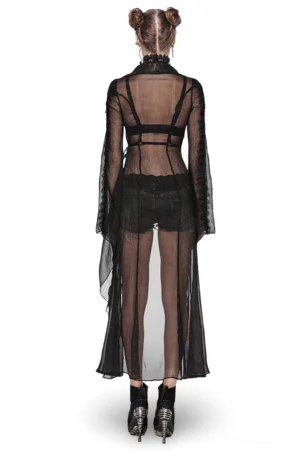 Back view of gothic long cape with sheer chiffon overlay and delicate lace trim, model demonstrating cape flow and silhouette
