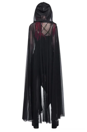 Back view of black sheer hooded gothic cloak featuring crisscross mesh cutout detailing, displayed on model against white studio background