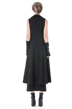 Sleeveless gothic cape back view - high-low hemline and structured back seam detail in matte black fabric