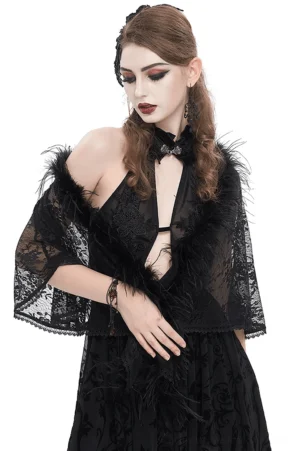 Black floral lace gothic cape with feathered hem - front off-shoulder view on fashion model
