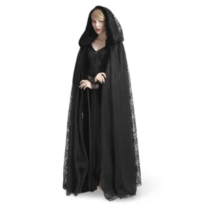 Black velvet lace hooded gothic cape worn by female model with three-quarter front view showing dual-layer lace and velvet construction