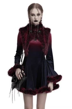 Burgundy and black ombre faux fur gothic cape with stand collar and leather horn details, worn by female model in studio
