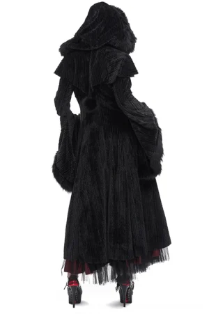 Gothic hooded fuzzy coat back view showing ribbed texture, layered hood design, and tulle dress hem detail on female model