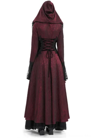 Gothic lace-up corset back cape design with floor-length hem and tassel cuff trim, back view