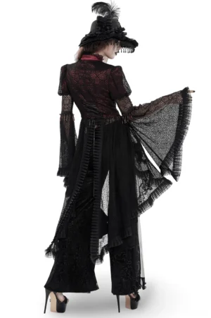 Victorian gothic lace cape dress rear view showing corset back and high-low ruffled hem
