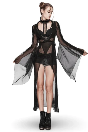 Female model wearing cracked leather chiffon gothic cape with wave lace sleeves, full front view studio shot showing dramatic cape silhouette