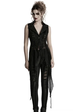 Black cracked leather asymmetric gothic cape front view on model - sleeveless design with irregular hem and mesh paneling