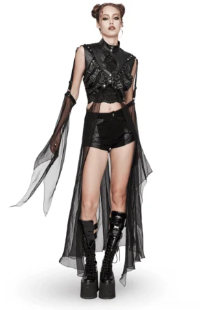 Black gothic harness cape with adjustable sleeves - front view on female model in studio setting