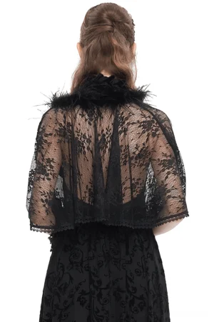 Black lace gothic cape rear view - feathered neck trim and sheer floral lace back design