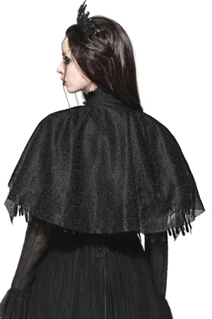 Back view of black gothic cape featuring glittery mesh fabric and fitted silhouette with irregular tassel fringe hem