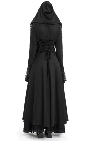 Victorian gothic cape back view showing lace-up corset back design and floor-length hem, displaying the dramatic silhouette and structural lacing details