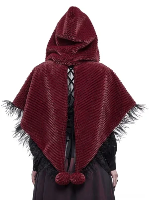 Back view of wine red gothic cape showing lace-up back panel and rear fur pompon detail on female model
