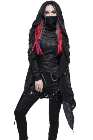Black asymmetrical gothic cape with oversized hood and metal pentagram details, front three-quarter view worn by model with red dreadlock extensions