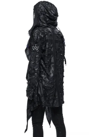 Rear view of black irregular gothic hooded cape showing pentagram arm patch and distressed frayed hem details