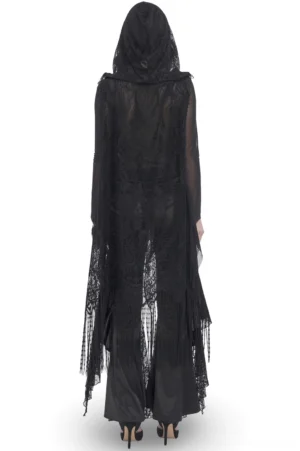Black lace hooded gothic cape rear full-length view on female model showing floor length and tassel trim details
