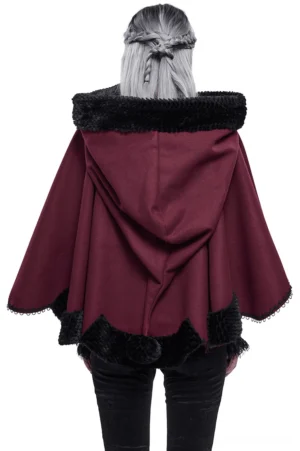 Red gothic cape rear full view showing scalloped hemline with black fur and adjustable hood
