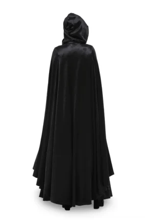 Back view of black velvet gothic cape showing intricate skull embroidery detail and floor-length drape