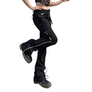 Low-waisted black flared pants side three-quarter view showcasing utility pockets and metal hardware details