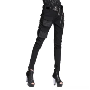 Black gothic cargo pants full body styling with skull belt chain accessory and platform ankle boots