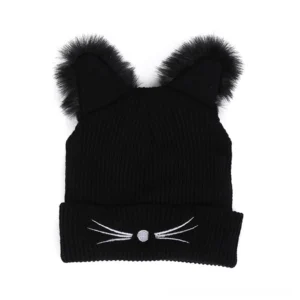 Gothic cat ear knit beanie flat lay showing faux fur ears and embroidered cat face details