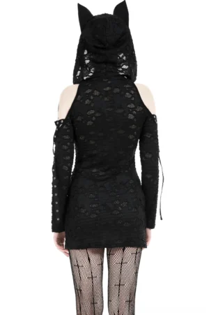 Black lace cat ear hooded mini dress rear back view showing cold-shoulder sleeves and sheer lace design on model