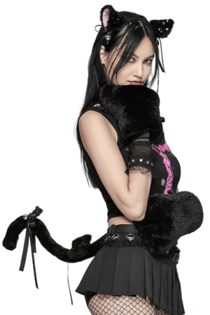 Black gothic cat ears and tail set with rivets and silver bells worn by model in three-quarter side profile view