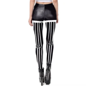 Black gothic leggings back view showing symmetrical cat prints and vertical stripe pattern, high-waist silhouette with shiny broadcloth finish