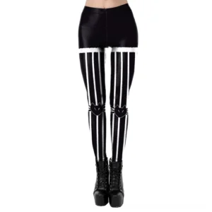 Women's black cat stripe gothic leggings front view, high waist fit with white vertical stripes and feline knee prints, featuring fuzzy white waist trim detail