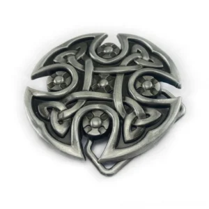Celtic cross belt buckle front view showing antique silver finish with intricate carved knot pattern