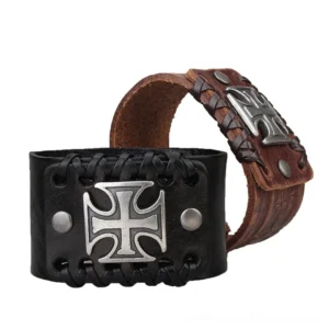 Black and brown gothic leather cuff bracelets with Celtic cross - front display view showing both colors side by side