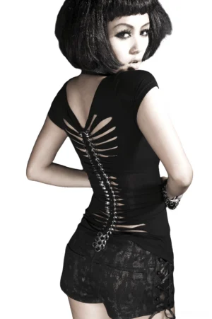 Chain-back gothic t-shirt back view showing slitted ribcage cutout design with metal chain trim detail