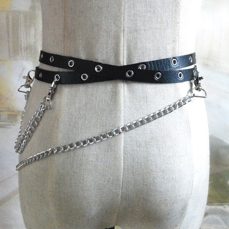 Cross-style black PU leather gothic chain belt with double layered construction and long silver chain strap