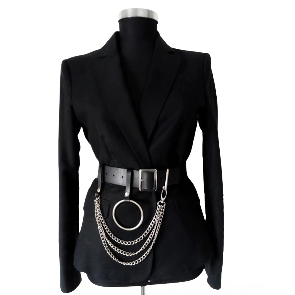 Gothic black faux leather chain belt harness with silver metal rings and chains, worn on dress form in front view against white studio background