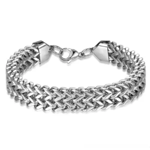 Double-layer wheat chain bracelet front view showing interlocking stainless steel links with lobster clasp closure