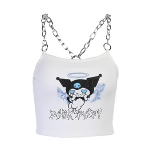 Gothic chain halter camisole flat lay on mannequin showing crisscross metal straps - front view