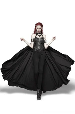 Full-body gothic punk outfit featuring black striped chain cape with harness corset top and fitted pants - front view