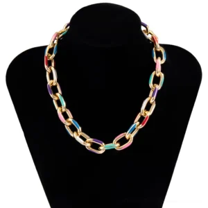 Gothic chunky enamel chain necklace worn on black jewelry mannequin displaying front neck positioning with multicolor enamel link details