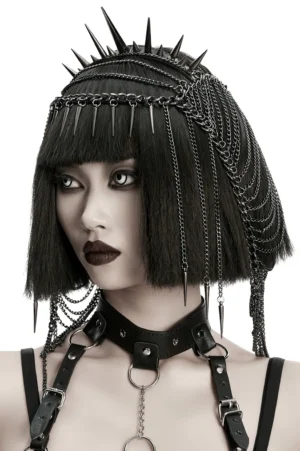 Three-quarter angle of black gothic spiked chain crown headpiece matching leather harness collar, chain tassels detail