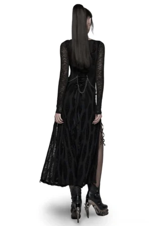 Black gothic maxi dress rear view showing lace-up corset back and chain details on model