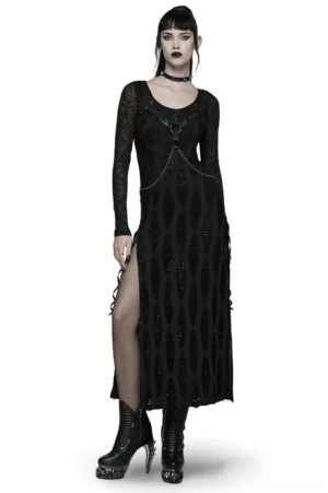 Black gothic long sleeve maxi dress with metal chain harness and side slit, front view on model