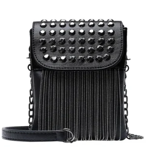 Black gothic studded fringe crossbody bag front flat lay view with metal rivets and chain tassel details
