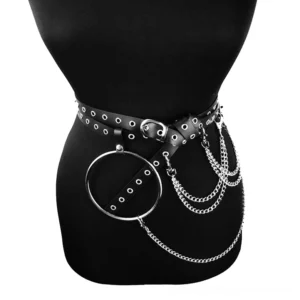 Black PU leather gothic chain harness belt with silver metal rings and multi-layer chains, front three-quarter view on dress mannequin